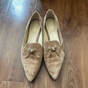 Cole Haan Taupe Suede Pointed-Toe Loafers with Bow